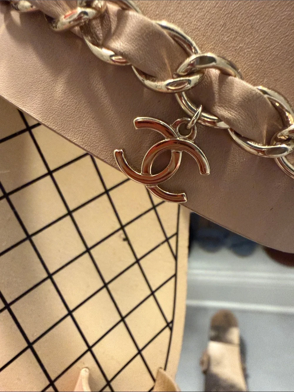 CHANEL Beige Slip-On Sandals with Gold Chain Accent